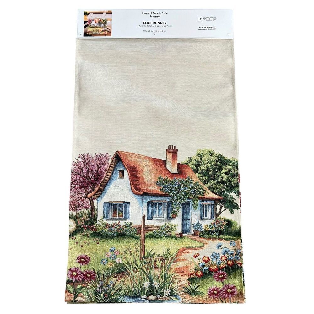 EMME Jacquard Gobelin Tapestry Table Runner 18x63 in Cottage Garden New